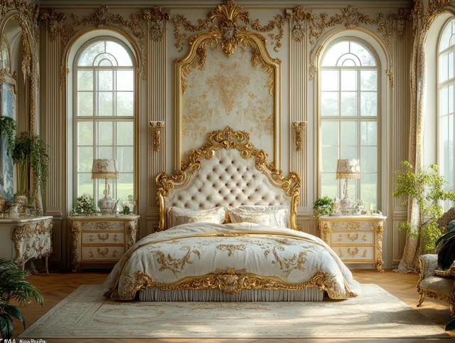 Ornate golden Baroque bed centered in a luxury bedroom with tall arched windows and morning light.
