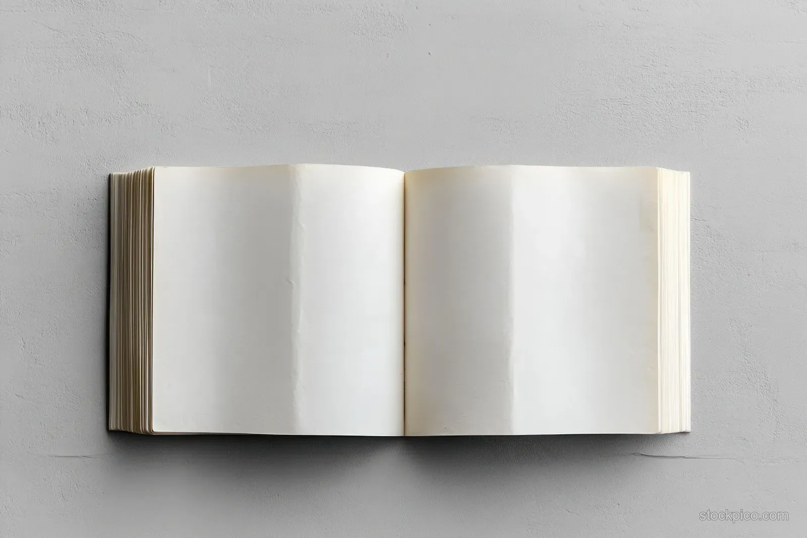 Open minimalist booklet mockup with blank pages resting on a soft gray background.
