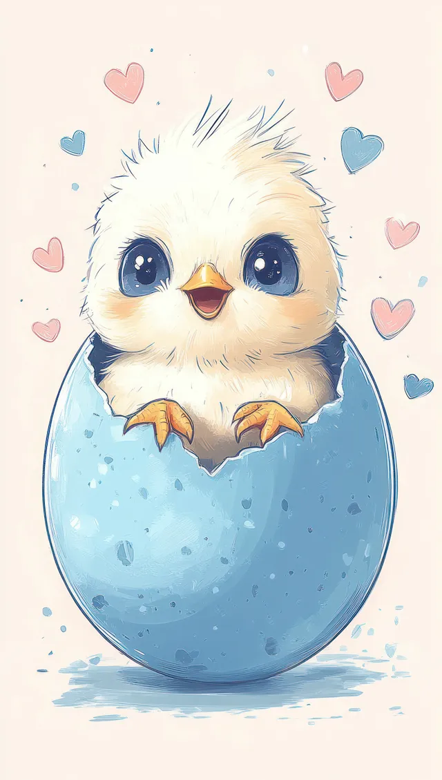 A fluffy baby chick hatches from a blue speckled egg with pink and blue hearts around it.