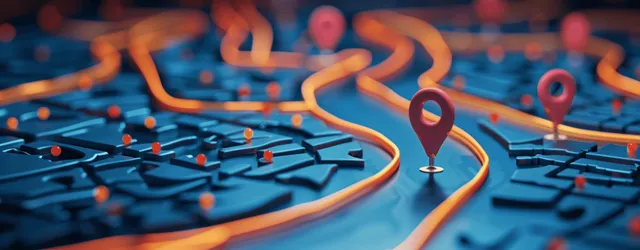 A glowing 3D city map on a phone screen shows GPS route lines and location pins for transport navigation.