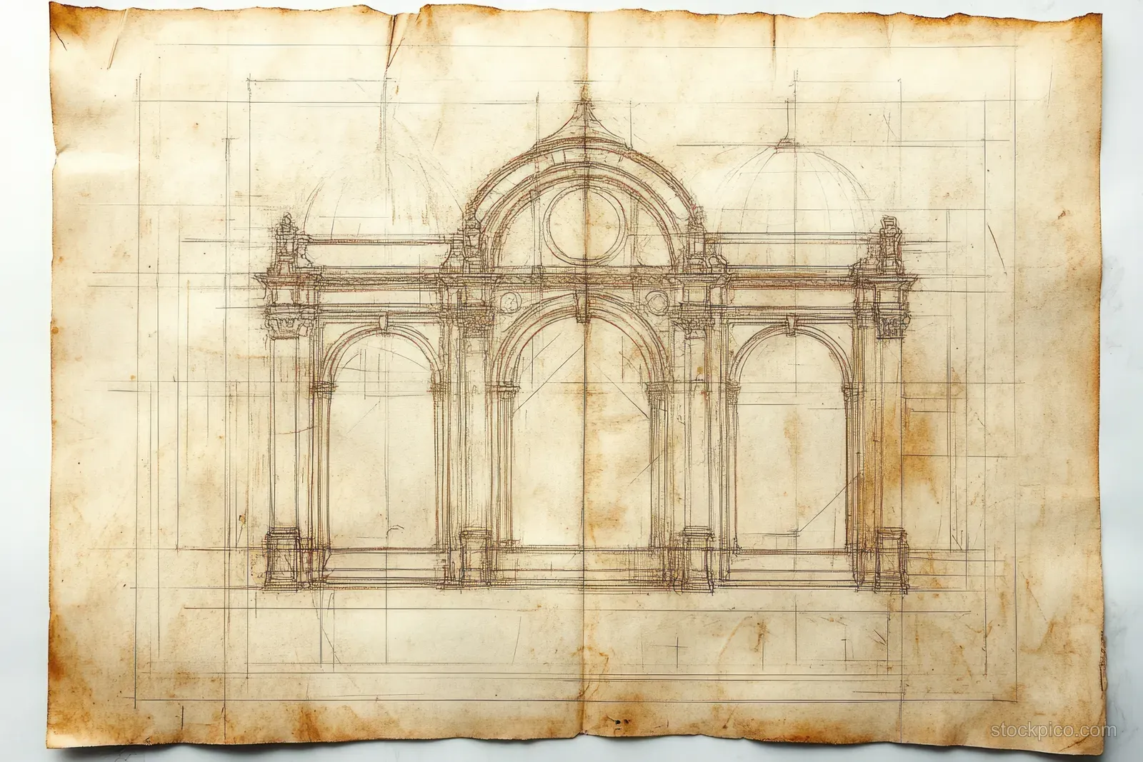 Hand-drawn classical facade sketch with arches and columns beneath a central dome on wrinkled parchment.