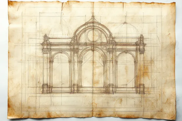Hand-drawn classical facade sketch with arches and columns beneath a central dome on wrinkled parchment.