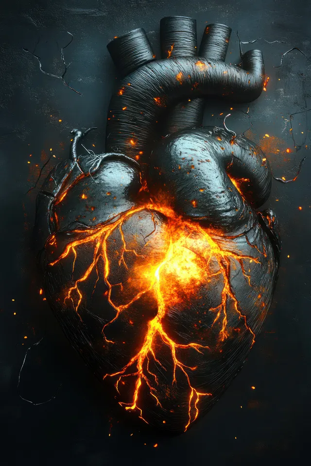 An anatomical heart glows with orange molten lava fissures and fiery vein-like cracks over a dark charred background.