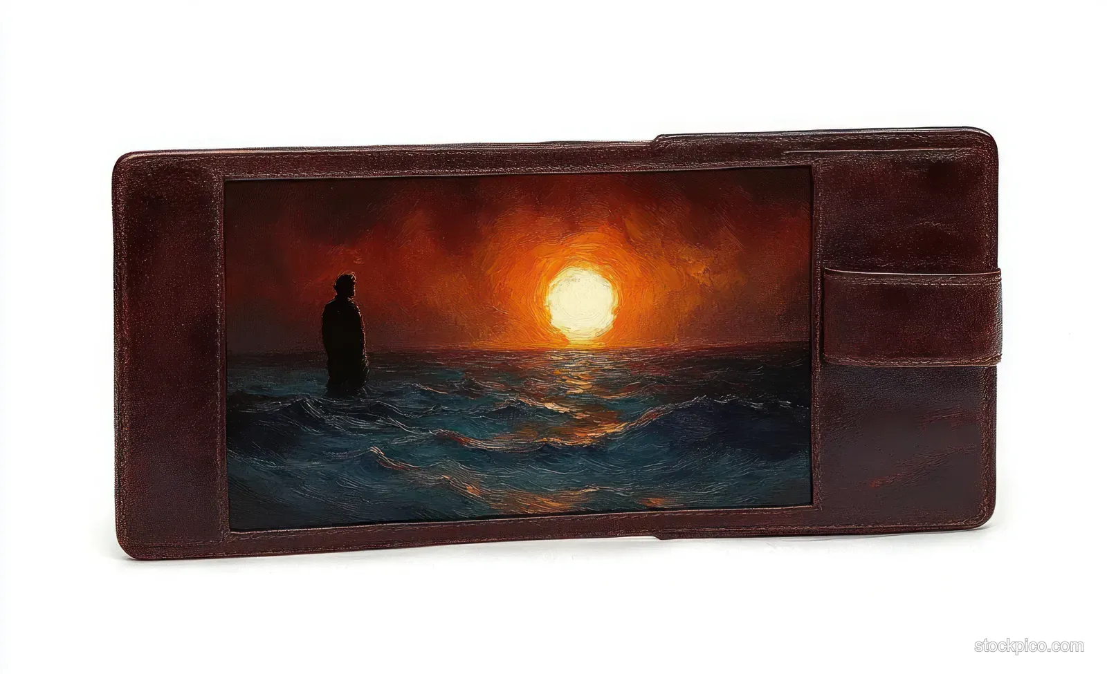 Silhouette of a person in rough ocean waves gazing at a glowing sunset inside an open brown leather wallet.