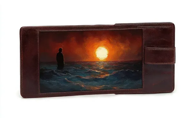 Silhouette of a person in rough ocean waves gazing at a glowing sunset inside an open brown leather wallet.