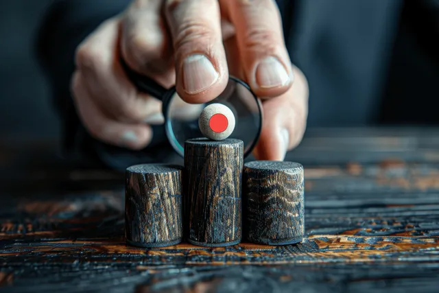 A hand places a target pin on wooden blocks while a magnifying glass-like focus highlights the chosen goal.