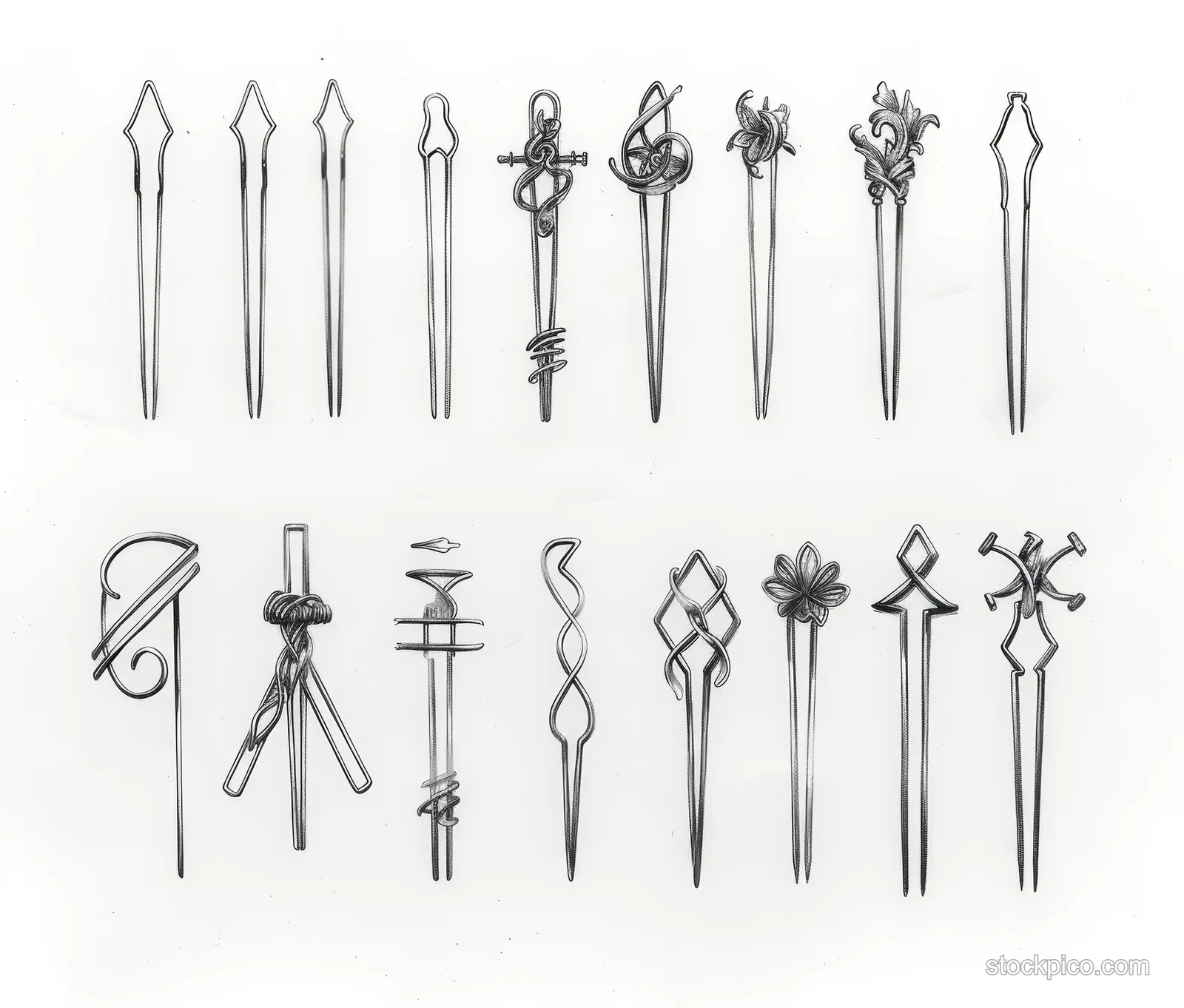 Multiple hand-drawn metal hair pin designs laid out on a white background in a top view collage.