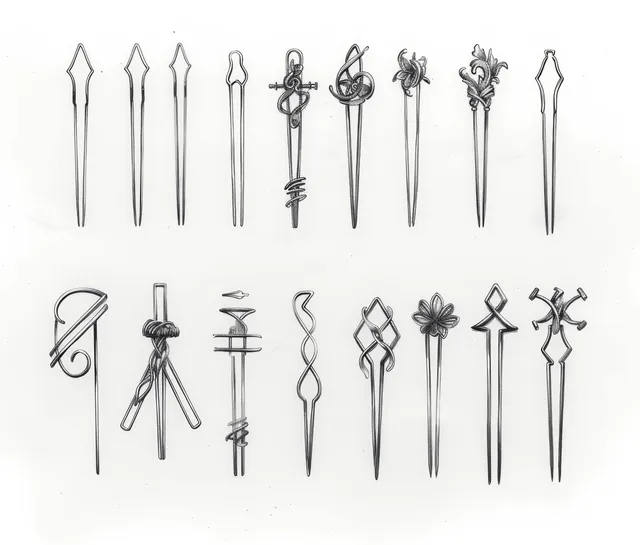 Multiple hand-drawn metal hair pin designs laid out on a white background in a top view collage.