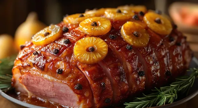 Glazed baked ham with pineapple rings and cloves on a platter, fresh rosemary garnish