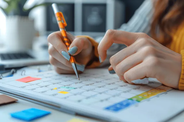 Businesswoman’s hands write on a calendar grid next to a smartphone on an office desk.
