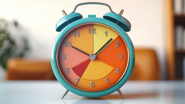 Retro alarm clock with an orange and yellow segmented dial on a tabletop with soft blurred background.
