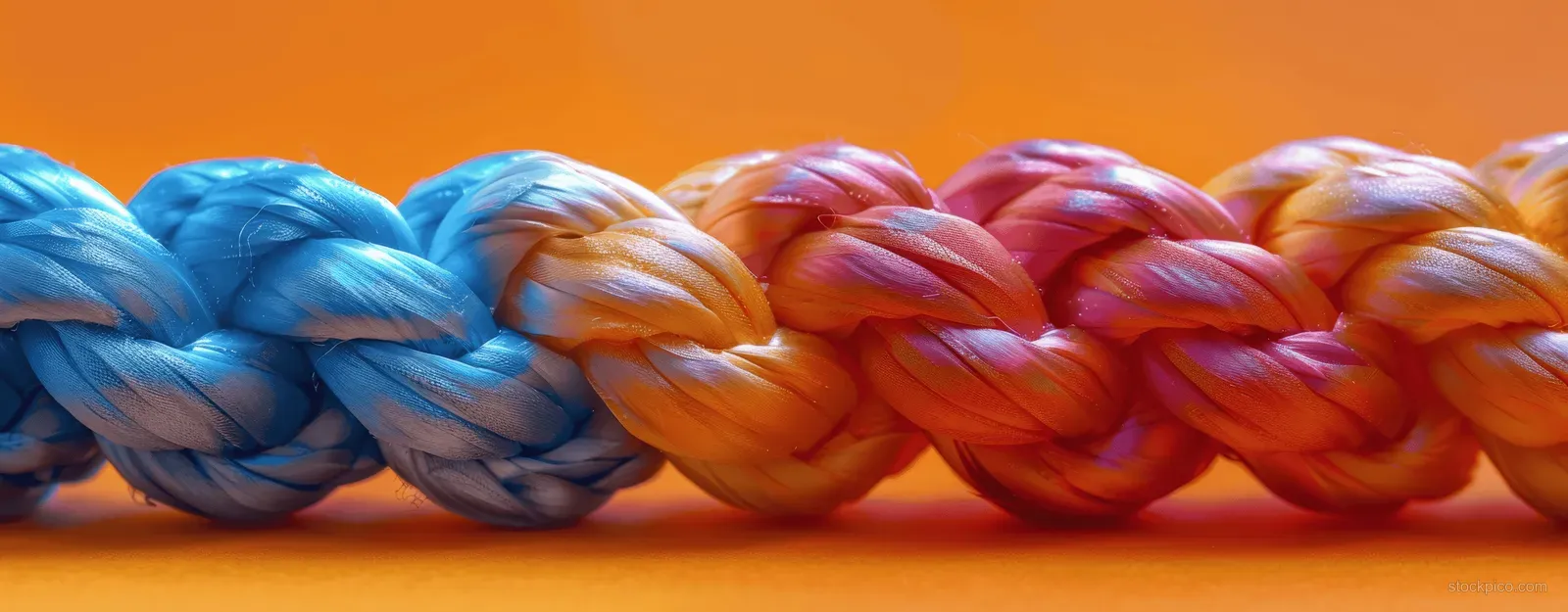 Colorful braided rope strands tightly intertwined on a bright orange background.