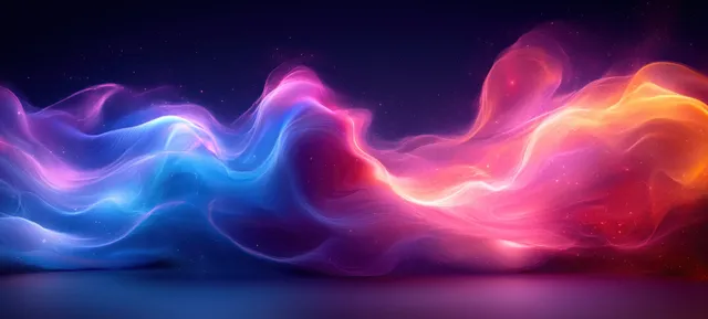 Blue and purple light trails swirling across a dark background with neon glow