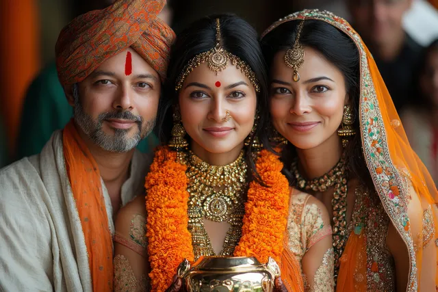 Indian parents and their daughter pose closely, with the daughter holding a gold trophy and wearing traditional clothing.