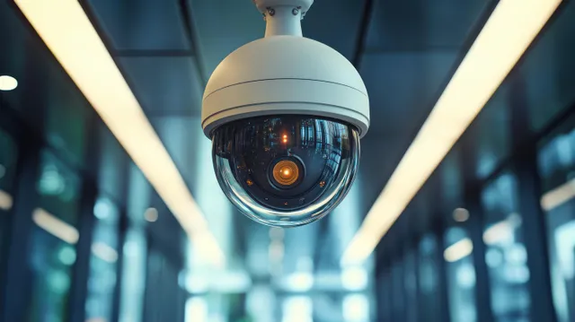 A ceiling-mounted white dome security camera hangs in a brightly lit hallway with reflective glass walls.