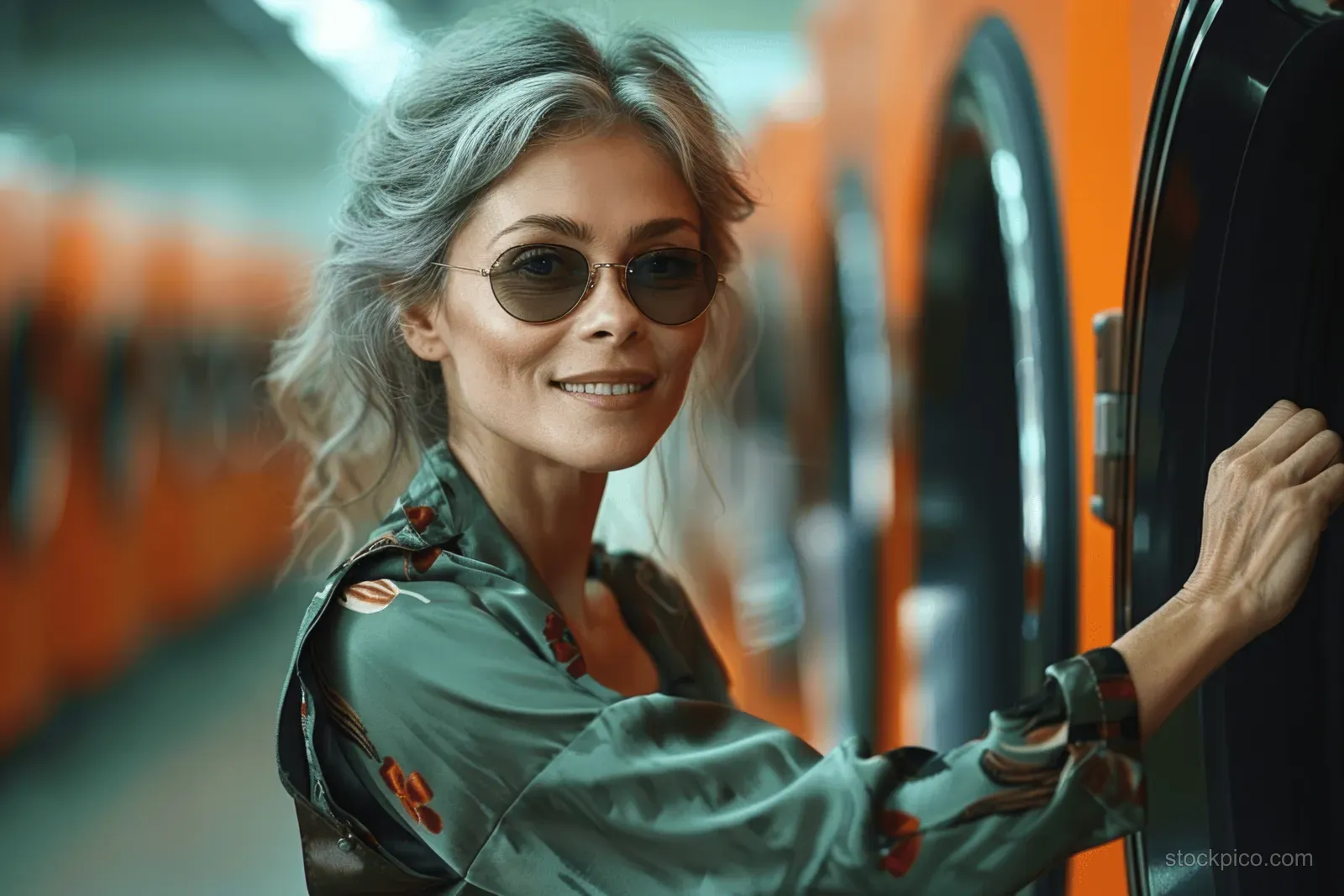 Smiling elderly woman in green jacket and sunglasses laughs while posing beside a parked car on a city street.