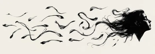 Monochrome profile of a woman dissolving into swirling ribbon waves on a plain background