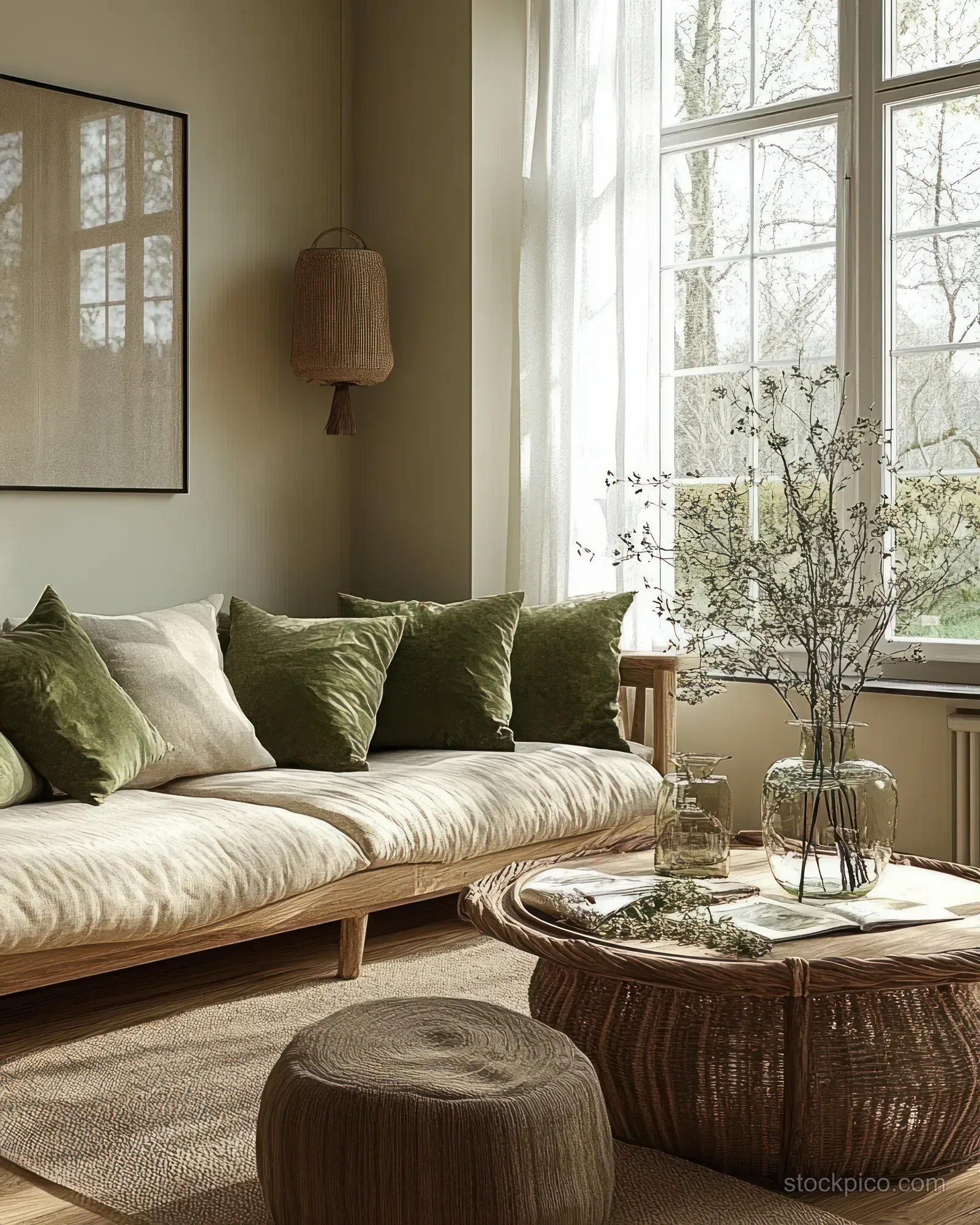 Sunlit Scandinavian living room showing a sofa with green cushions and natural wood side tables near a large window.