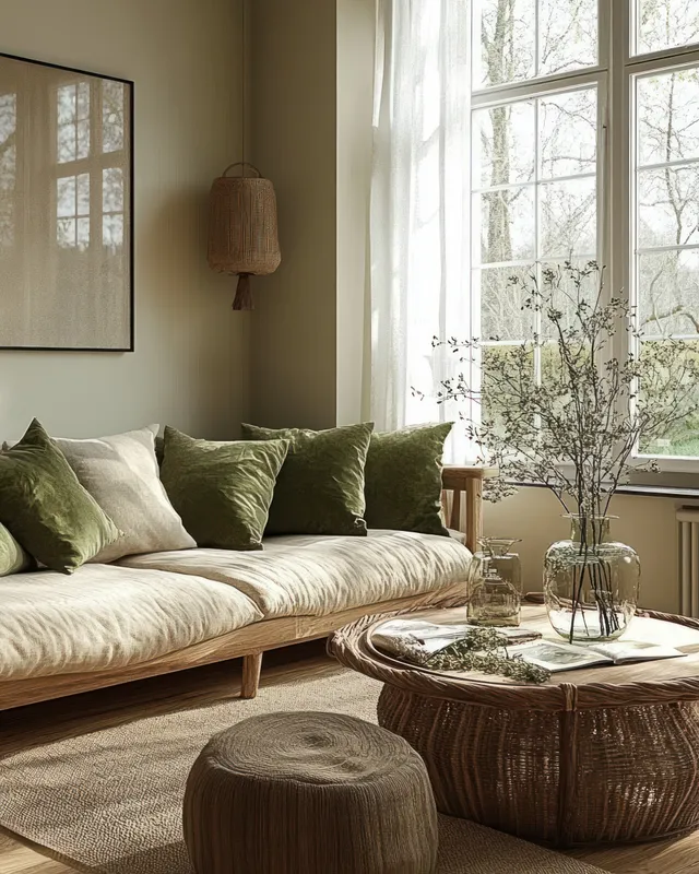 Sunlit Scandinavian living room showing a sofa with green cushions and natural wood side tables near a large window.