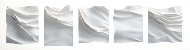 Five white fabric swatches with folds, creases, and soft shadows