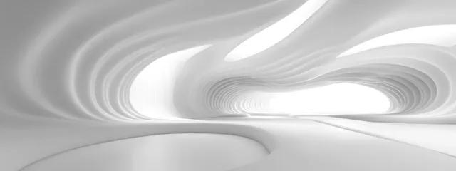 White circular futuristic corridor with flowing waves, minimal 3D architecture rendering