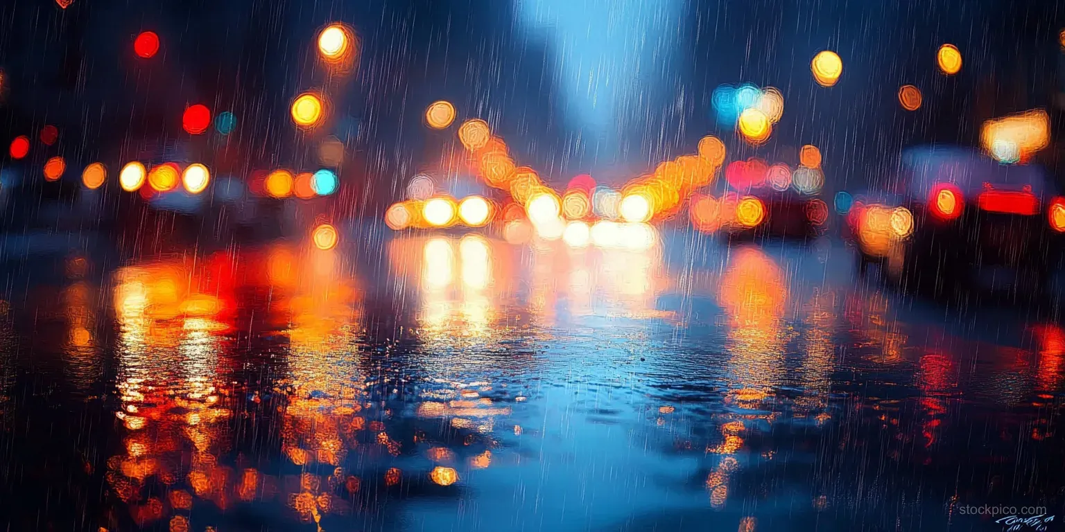 Rain falls on a nighttime city street where blurred traffic lights reflect across shiny wet pavement.