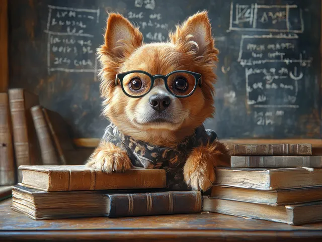 Whimsical chihuahua puppy wearing glasses sits on books in classroom by chalkboard