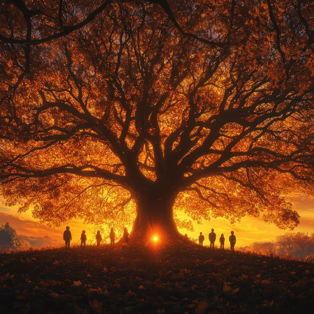 Family silhouettes gathered beneath large autumn tree at golden sunset