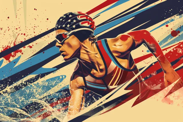 Team USA triathlon relay athlete sprinting forward with flag colors, speed lines, and splashes in the background.