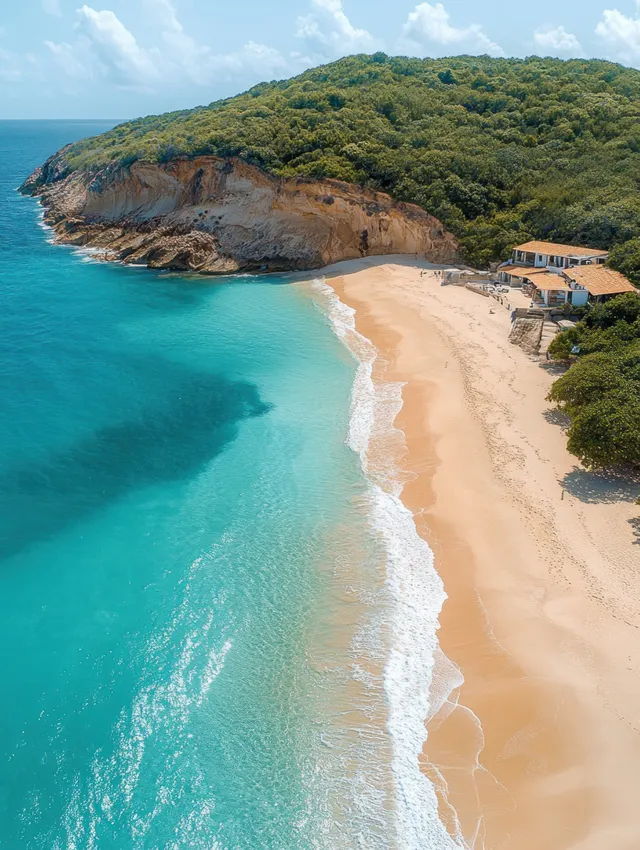 Aerial view shows turquoise waves and golden sand beside green Morro do Careca at Ponta Negra Beach.