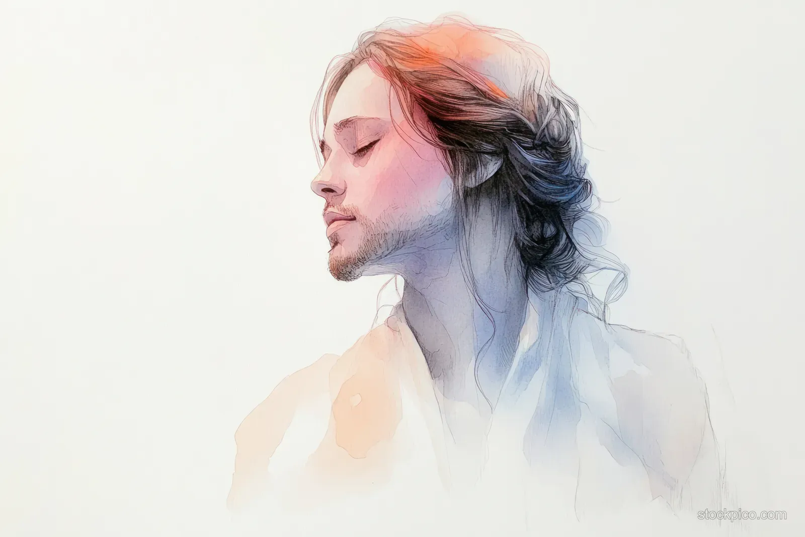 Watercolor portrait of Jesus Christ in soft pastel colors on a minimalist white background.