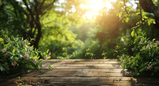 Wooden walkway bordered by green bushes under warm sun with softly blurred garden background.