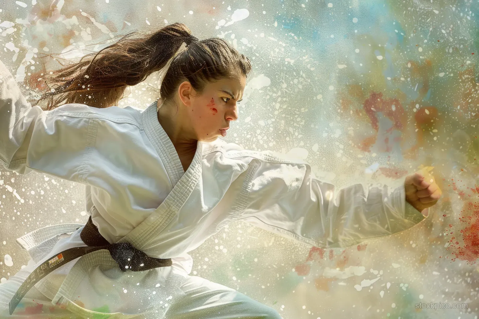 A female karateka in a white gi kicks high on tatami as dust and sparks flare around her.