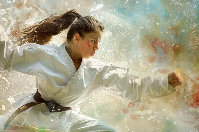 A female karateka in a white gi kicks high on tatami as dust and sparks flare around her.