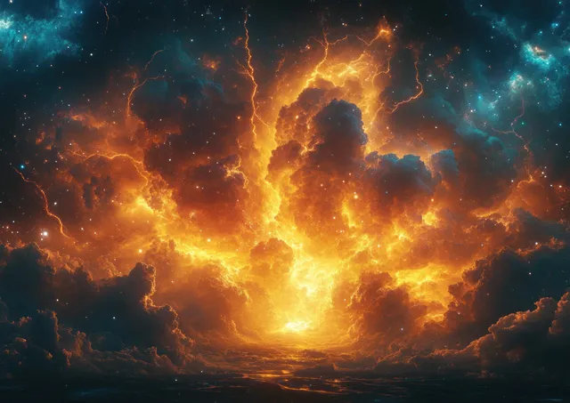 Fiery supernova nebula forms a glowing galaxy core amid swirling electric starlight clouds