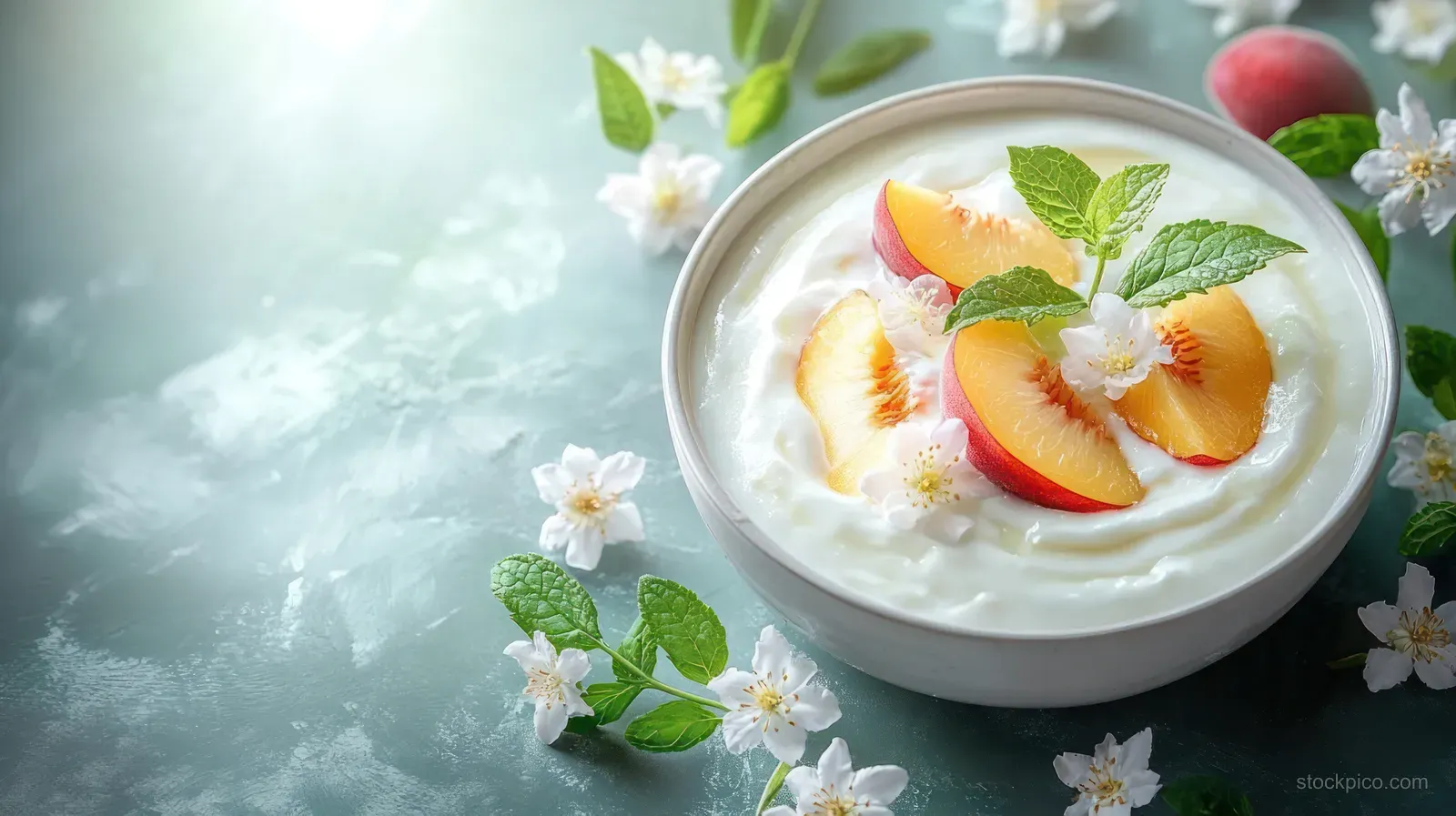 Creamy yogurt in a bowl topped with peach slices, mint leaves, and small white flowers on a pale blue surface.