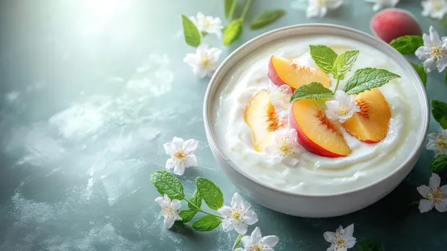 Creamy yogurt in a bowl topped with peach slices, mint leaves, and small white flowers on a pale blue surface.