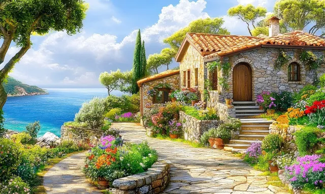 Mediterranean villa with a terracotta roof and stone path leading through flowers toward a blue sea view.