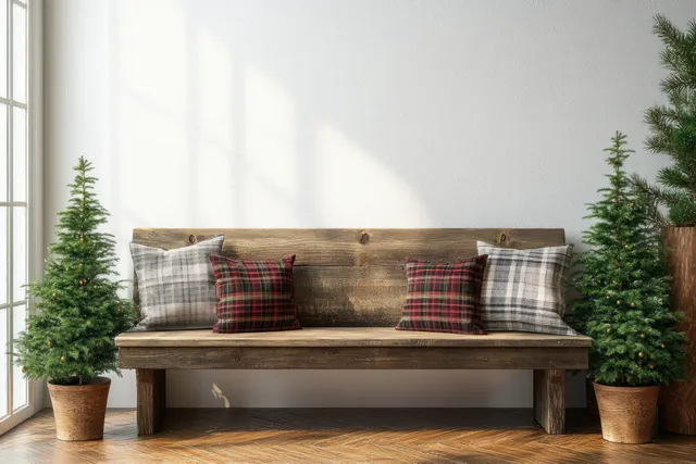 A Scandinavian living room corner shows a rustic bench with plaid cushions and potted evergreen trees near a bright window.
