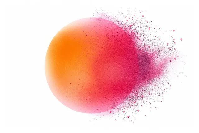 Pastel pink and orange spray-painted circle with speckled splatter on a white background.