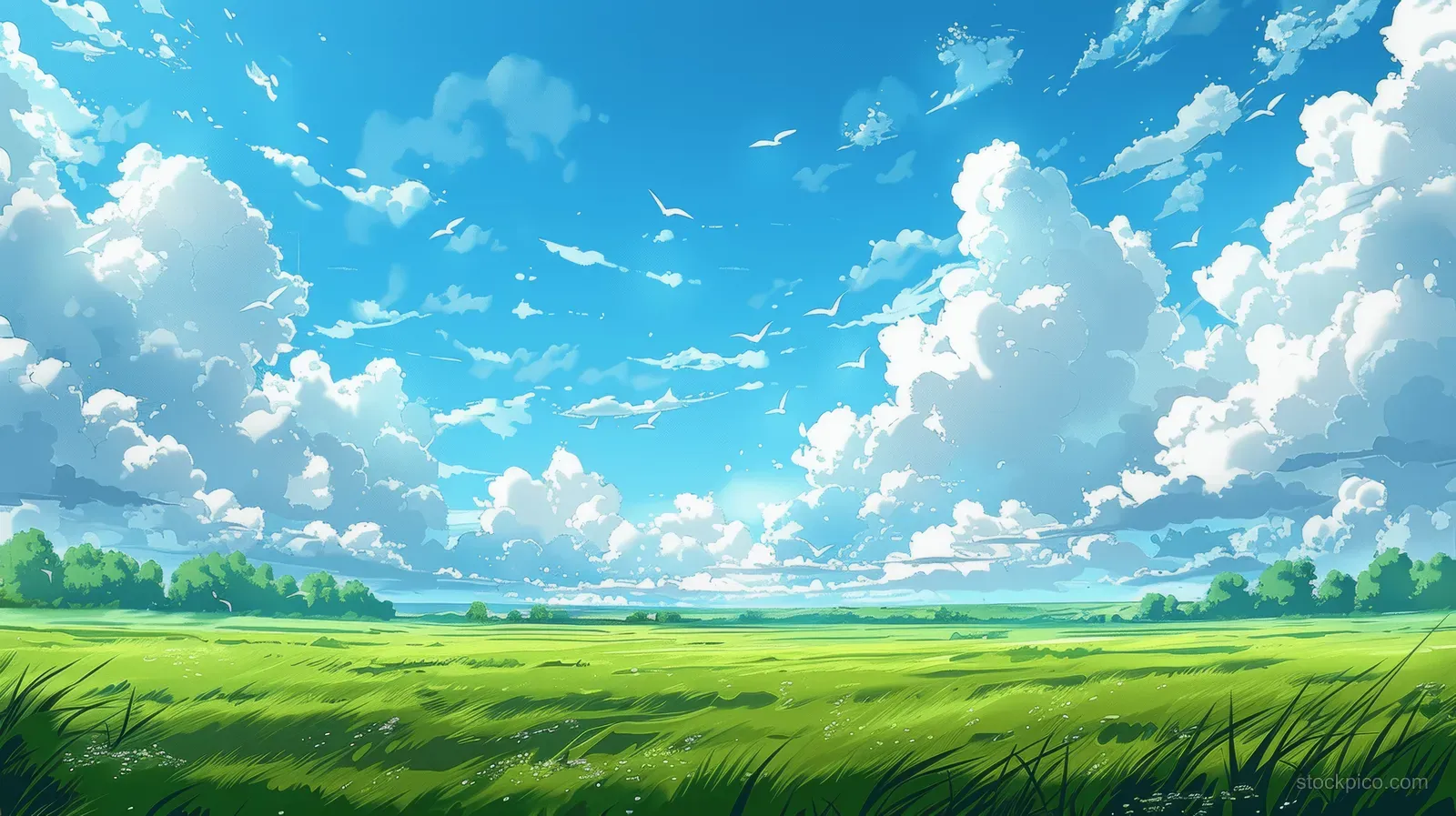 Green fields stretch across the countryside under a bright blue sky with fluffy white clouds.