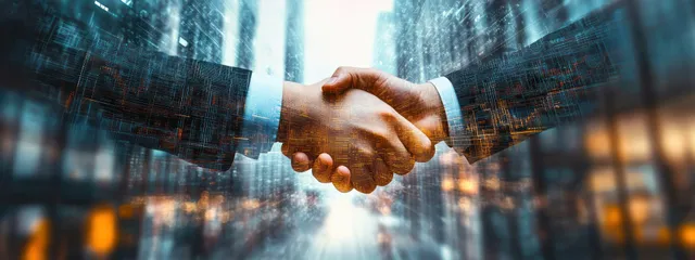 Handshake between executives over city skyline, digital contract interface glow