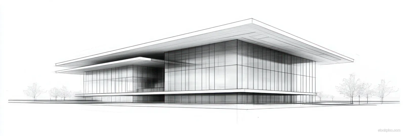 Wireframe sketch of a modern rectangular building with glass walls and an overhanging flat roof beside sparse trees.