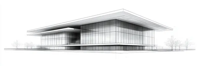 Architectural wireframe sketch of modern rectangular building with glass walls and overhanging flat roof