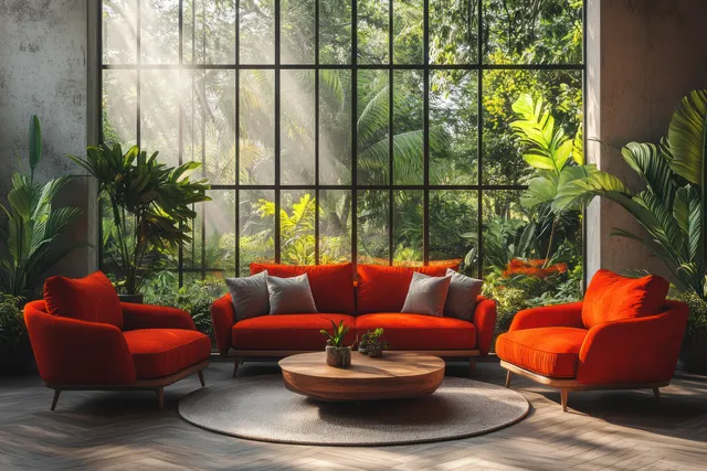 Red sectional sofa and orange armchairs sit in a minimalist living room beside indoor plants and large grid windows.