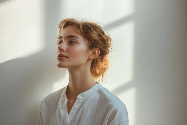 Young woman self-care skincare portrait in soft natural light with minimal indoor backdrop
