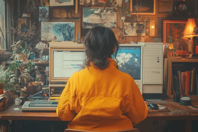 Young man in orange jacket types at a vintage desk with CRT monitors, warm lamps, and retro wall posters.