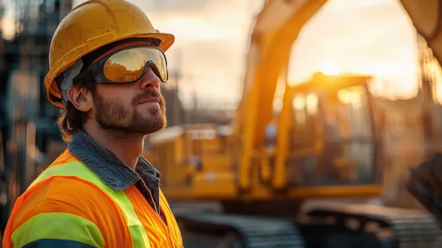 Construction worker in a hard hat and reflective vest watches an excavator on a building site at sunset.