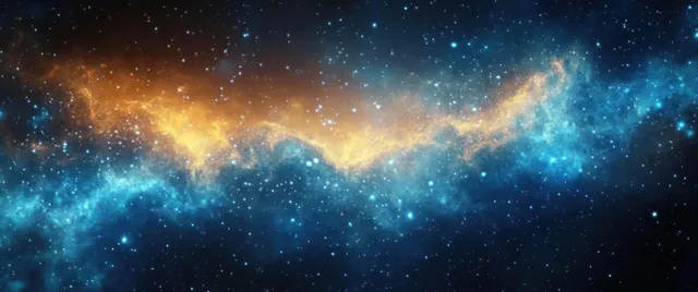 Golden and blue nebula clouds with a dense star field spread across a dark deep-space background.