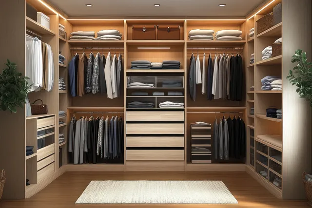 Walk-in closet with wooden shelves, hanging clothes on racks, folded sweaters, drawers, plants, and warm overhead lighting.